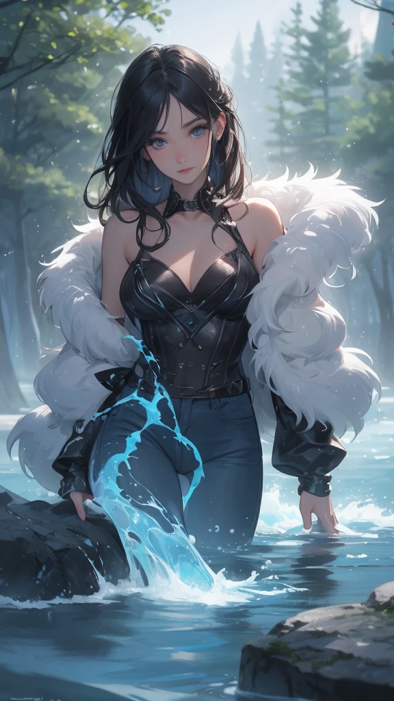 work of art, best qualityer, ultra epic details, creative, good lighting, excellent shading, light color tone, (4K), (face 8k), water effects, forest in the background, lightning and thunder, haos, tempest, rot, rosto angelical,, Perfection!, fur coat, jeans, Bblack hair, blue eyes, lindo rosto ( Ultra HD Face ), tied up hair, (( sfw ))