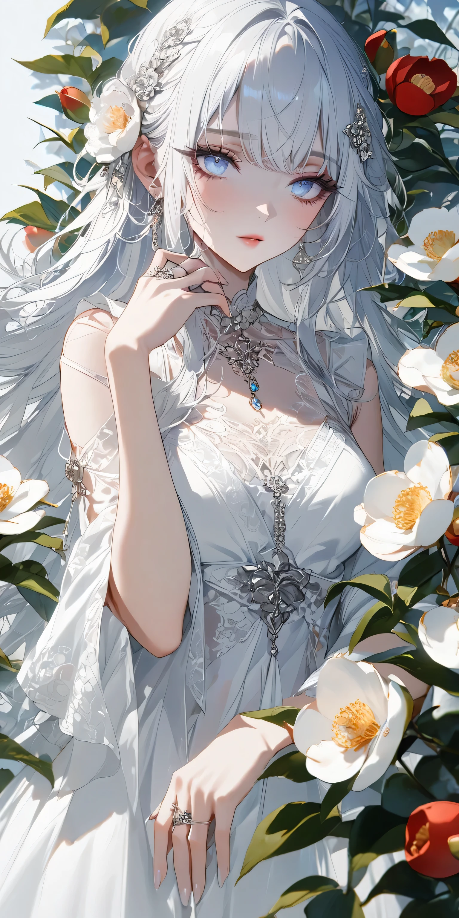 1girl, solo, alone, blue eyes, long hair, white hair, white dress, flower, camellia, jewelry,  nail polish, ring, hair ornament, flower ornaments, white nails, White hell, masterpiece, best quality, 
