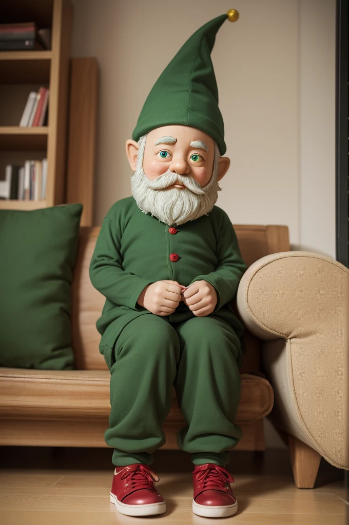A green gnome, measuring about 45 cm with one leg resting on the other and with one hand only sofa and with red shoes he is green