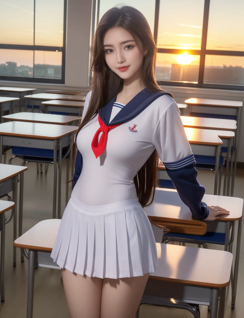 girl standing in school classroom,knitted white sailor leotard,red ribbon bow on hair,18-year-old,bangs,a little smiles,thighs,crotch,knees,low poneytail,from below