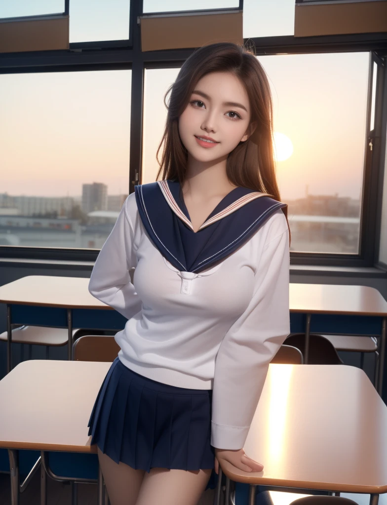 (8K,Realistic, Tabletop, Highest quality, RAW Photos:1.3)、One Girl, 18-year-old,alone,high school girl, Long Hair, Brown Hair, Beautiful face in every detail, Attractive face, (Beautiful brown eyes in every detail:1.2), Medium chest,(Underbust:1.0),(Covered nipples:0.99),(Loose Sailor Uniform :1.35), ( Slim beauty with perfect body: 1.4),( Seductive Pose:1.3), (View your viewers, Front view,Eyes focus:1.2), Detailed Background, (sunset:1.2), classroom,Fine details, Intricate details, Ray Tracing, Depth of written boundary, Captivating smile,classroom,