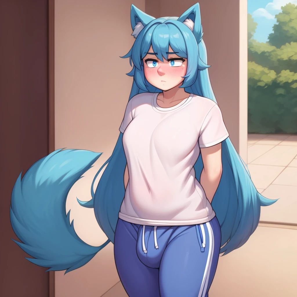 (Masterpiece) (High Detail) (High Res) A short little slim humanoid girl with pale human skin and blue eyes and long blue hair and blue dog ears and a fluffy blue dog tail and average breasts. She is dressed in a white t-shirt and grey baggy joggers that show the outline of her large cock and balls. Crotch bulge. Cock outline down leg. She has blushing cheeks and looks nervous. She has blushing cheeks and looks annoyed. Arms folded.