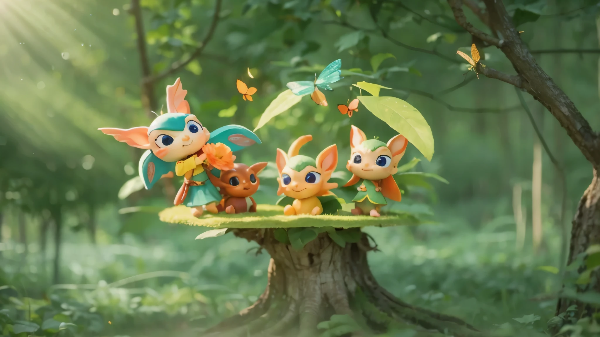 Lots of elves,Look at each other,The eyes are shining,looking at butterflies,There are many elves around,Playing with each other