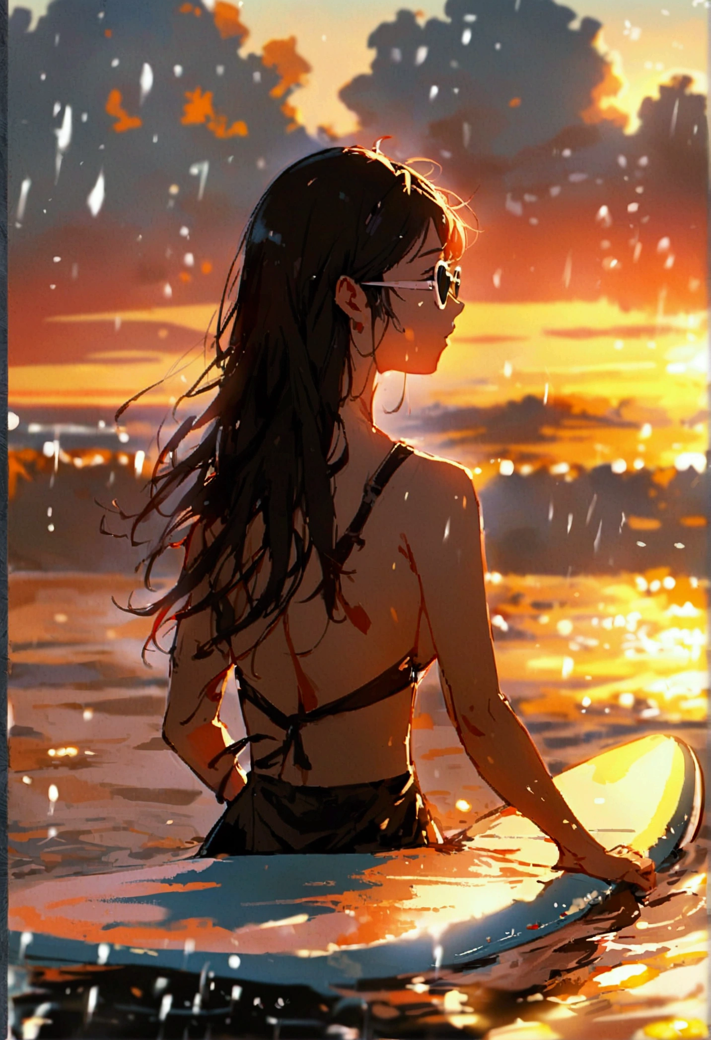 Beautiful redhead Asian girl floating on a surfboard in the ocean in the evening, waiting for waves、Profile turned around、Perfect Face、sunglasses、White surfboard、Neon Black、(Backlight 1:1)、 Hard Shadows, masterpiece, Highest quality, Complex, Model shooting style, Vintage, Film Grain, Incomplete details、Xin Haicheng、Ghibli Studio