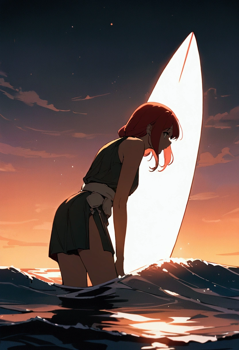 Beautiful redhead Asian girl floating on a surfboard in the ocean in the evening, waiting for waves、Profile turned around、Perfect Face、sunglasses、White surfboard、Neon Black、(Backlight 1:1)、 Hard Shadows, masterpiece, Highest quality, Complex, Model shooting style, Vintage, Film Grain, Incomplete details、Xin Haicheng、Ghibli Studio