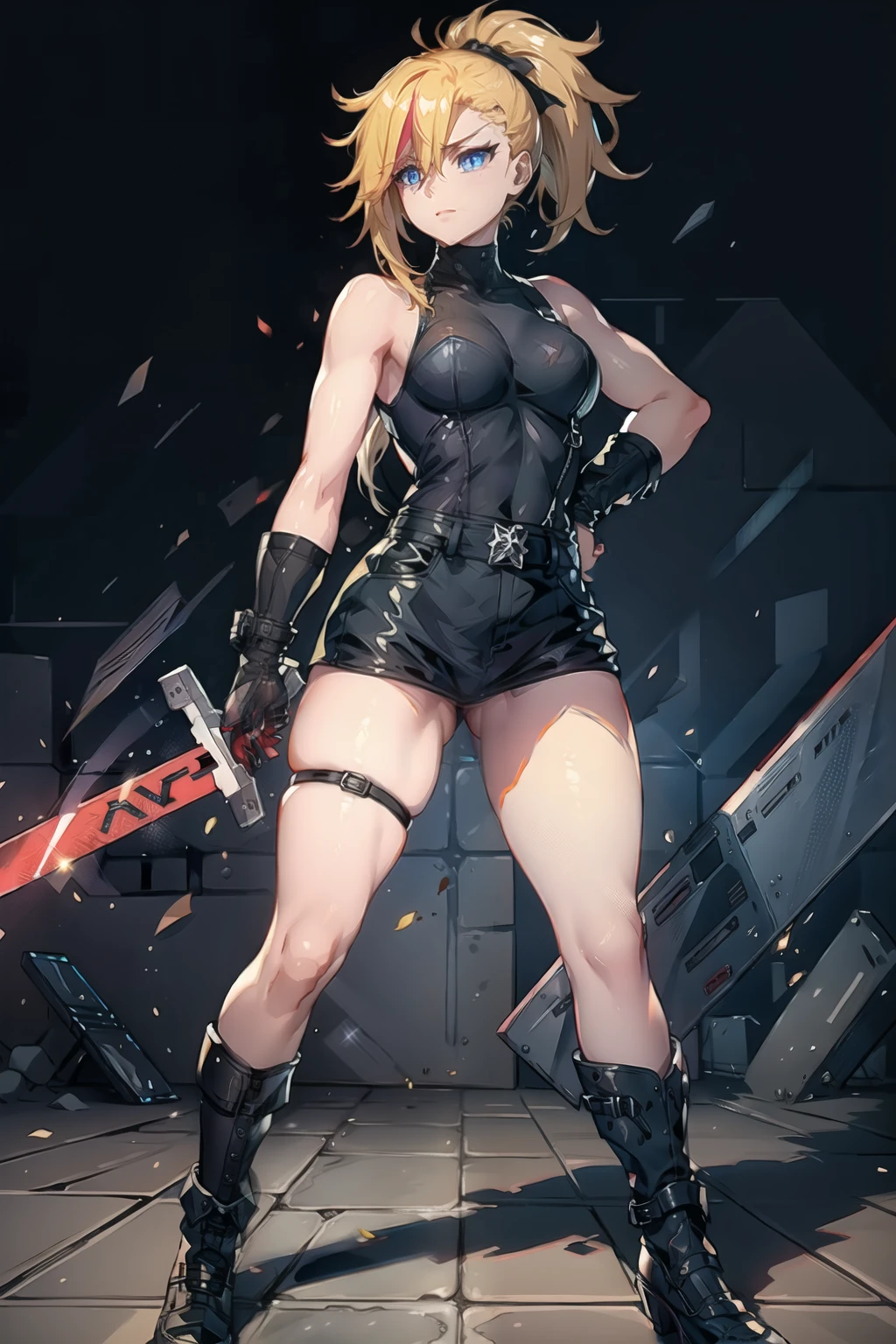 (masterpiece, best quality:1.2), red glowing eyes, perfect face, highres, 1 girl, solo, ultra long ponytail, (female:1.5), strife, blonde hair, shoulder armor, sleeveless turtleneck, suspenders, belt, gloves, bracer, evil smile, standing, portrait, looking at viewer, giant sword on the back, long leather boots, fullbody shot