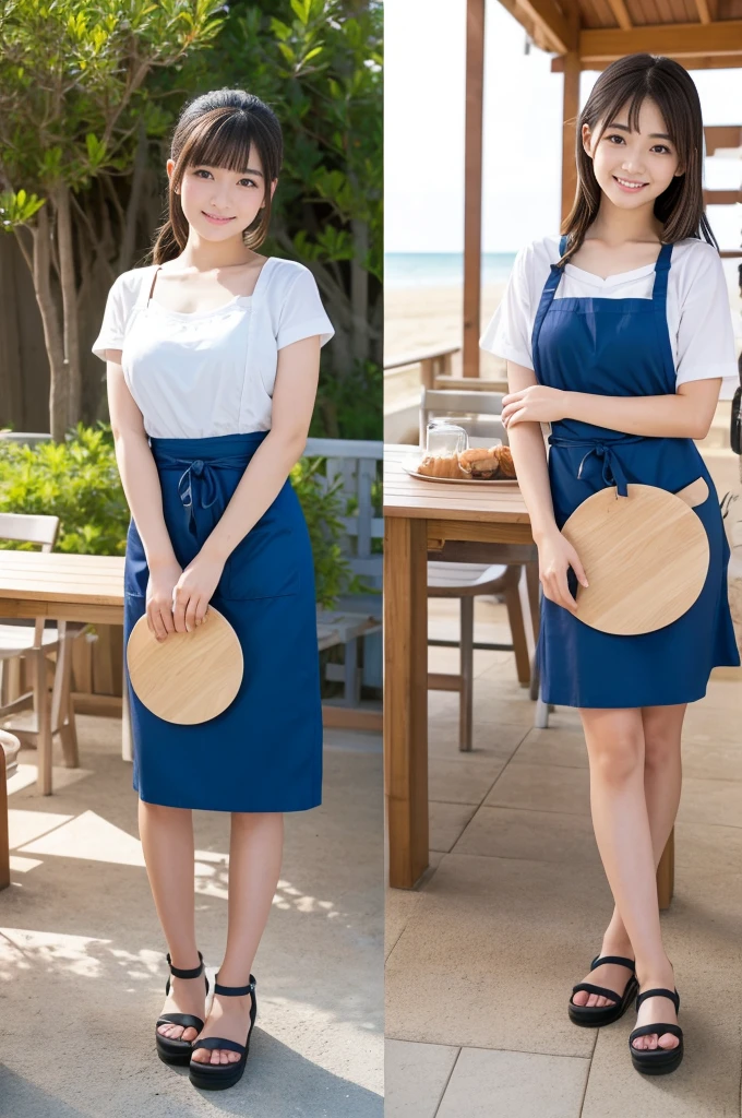 Pretty 21 year old woman(Japanese face)Wearing an apron and a miniskirt、Being at the beach house