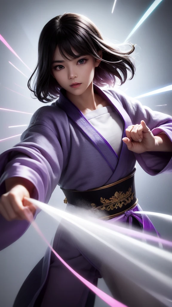 a handsome chinese girl, Sharp eyes, clear facial features, Wearing Hanfu, Fighting Stance, martial arts moves, The body is surrounded by purple mist, Runes around, Holographic Reality, Holographic Aura, Motion blur, Game lighting effects, Edge light, Soft Light, movie Edge light, delicate light, masterpiece, Super detailed, epic work, Ultra HD, high quality, best quality, 32k