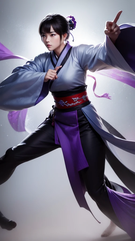 a handsome chinese girl, Sharp eyes, clear facial features, Wearing Hanfu, Fighting Stance, martial arts moves, The body is surrounded by purple mist, Runes around, Holographic Reality, Holographic Aura, Motion blur, Game lighting effects, Edge light, Soft Light, movie Edge light, delicate light, masterpiece, Super detailed, epic work, Ultra HD, high quality, best quality, 32k