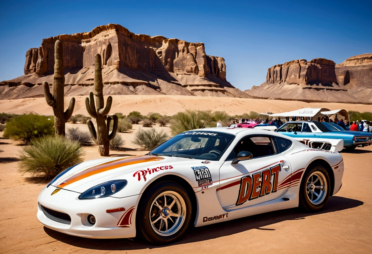 A race car with 'Desert Princess' written on the side, along with a painting of a desert princess, car show
