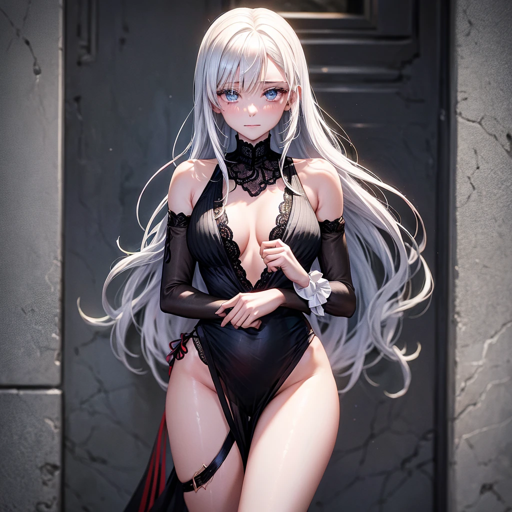 woman with white hair and blue eyes, in black lace bikini, next to a man with a medium beard, short cuts, black color with red stripe, the two of them together and hugging very happily.