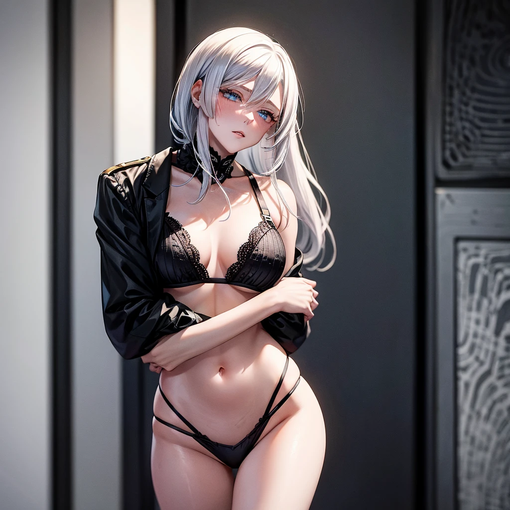 woman with white hair and blue eyes, in black lace bikini, next to a man with a medium beard, short cuts, black color with red stripe, the two of them together and hugging very happily.