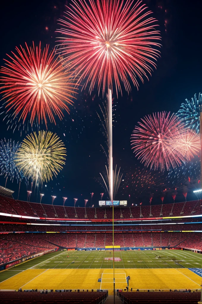 yellow flag image, blue and red in football stadium and fireworks in the sky