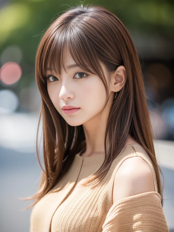 Ultra High Definition, Superior Quality, Premier Quality, ultra detailed, Photorealistic, 8k, RAW Photos, highest quality, masterpiece, Attractive girl, Stunning girl, Brown Hair, Shoulder Length Layered, asymmetrical bangs, Japanese Idol, Sophisticated, Stylish, blouse,Shibuya,