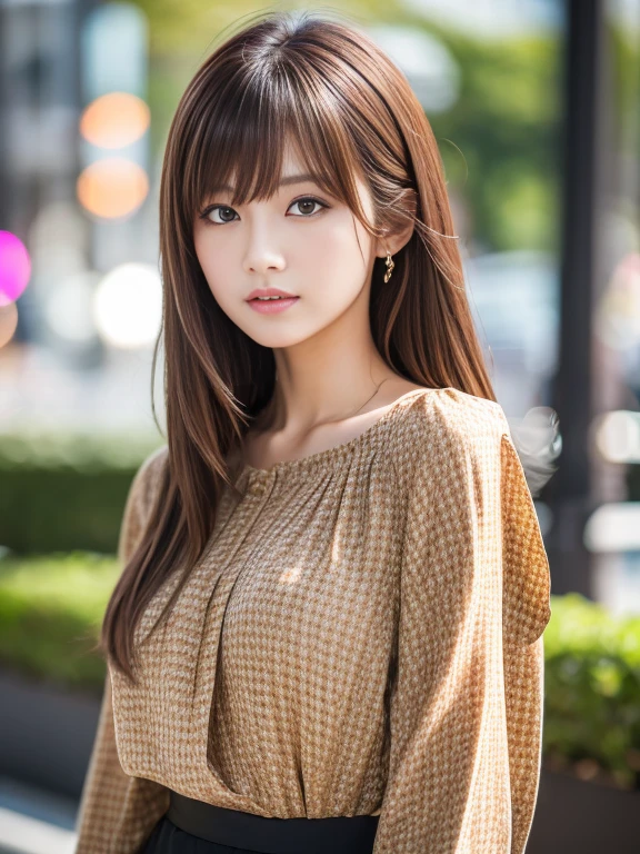 Ultra High Definition, Superior Quality, Premier Quality, ultra detailed, Photorealistic, 8k, RAW Photos, highest quality, masterpiece, Attractive girl, Stunning girl, Brown Hair, Shoulder Length Layered, asymmetrical bangs, Japanese Idol, Sophisticated, Stylish, blouse,Shibuya, 