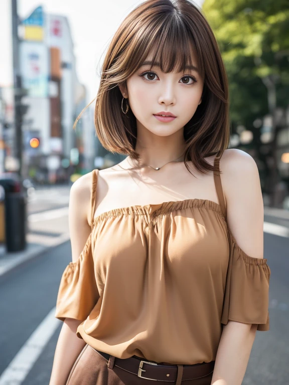 Ultra High Definition, Superior Quality, Premier Quality, ultra detailed, Photorealistic, 8k, RAW Photos, highest quality, masterpiece, Attractive girl, Stunning girl, Brown Hair, Shoulder Length Layered, asymmetrical bangs, Japanese Idol, Sophisticated, Stylish, blouse,Shibuya,