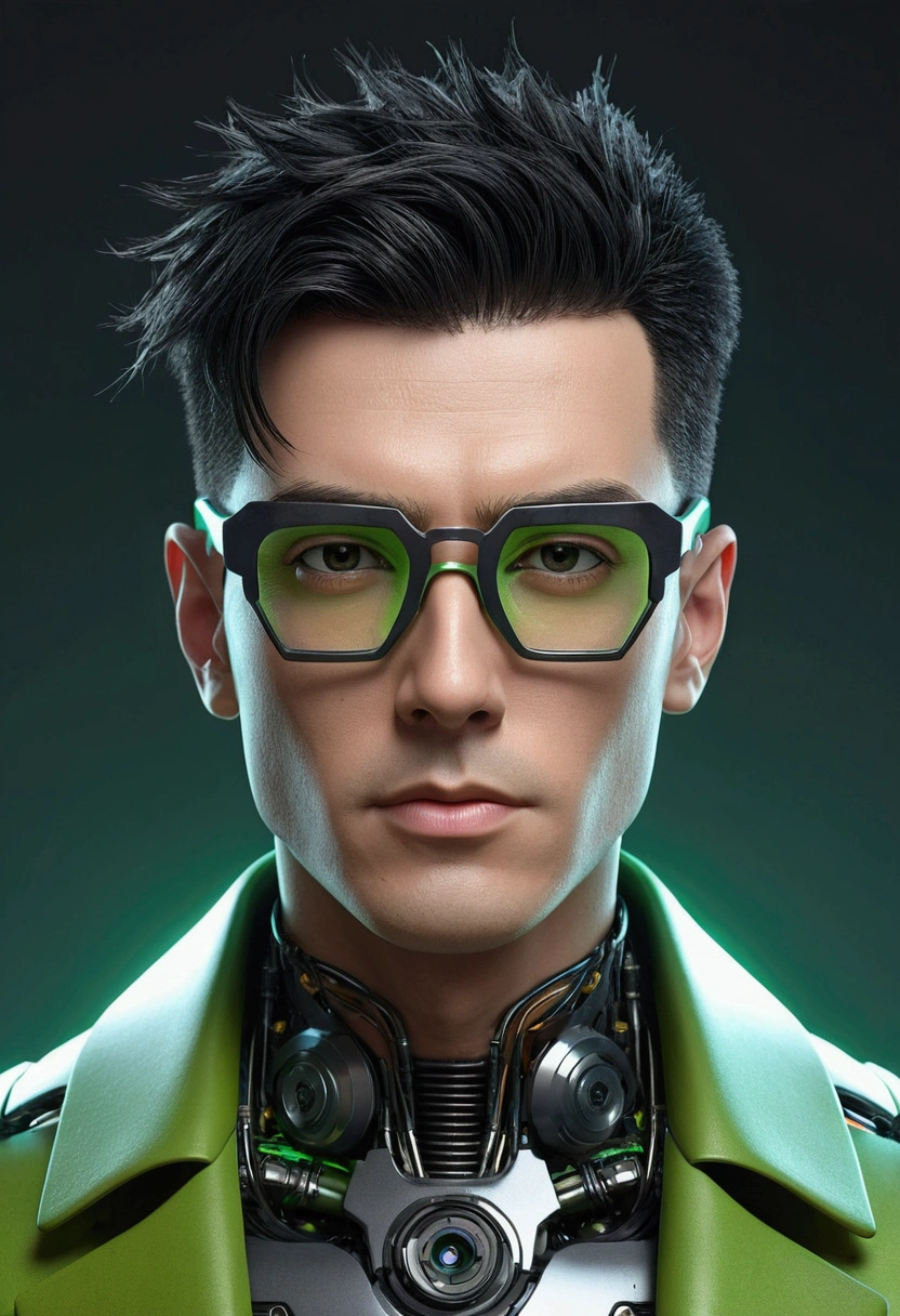 Male robot body hair with black-rimmed glasses with undercut hair, Look to the camera ::futuristic cyberpunk style ,realistic styling ::n_digital painting style, robotic parts, face perfect::seed 1、Black Edged Hair、large nose、Green-based clothing