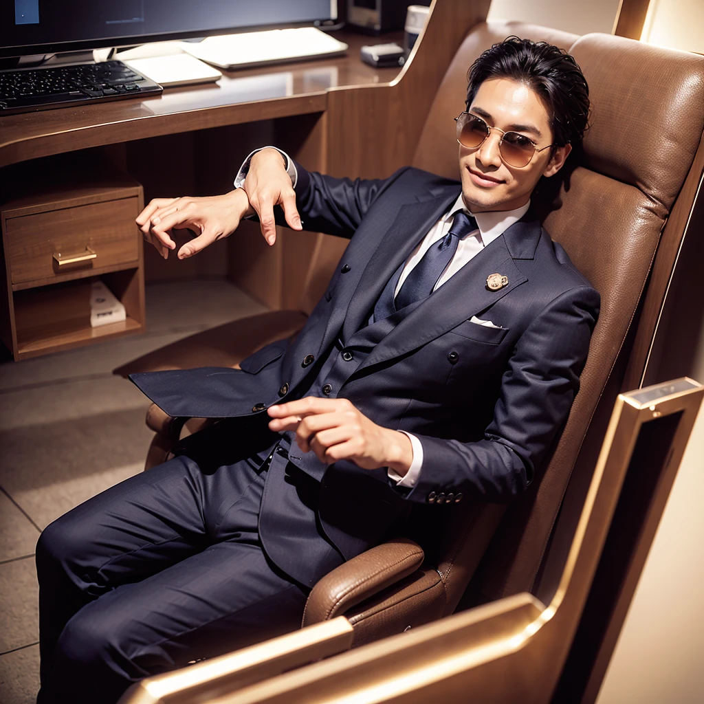 One man,rich,Luxury suits,sunglasses,High-class chairs,cool,Cryptocurrency,smile