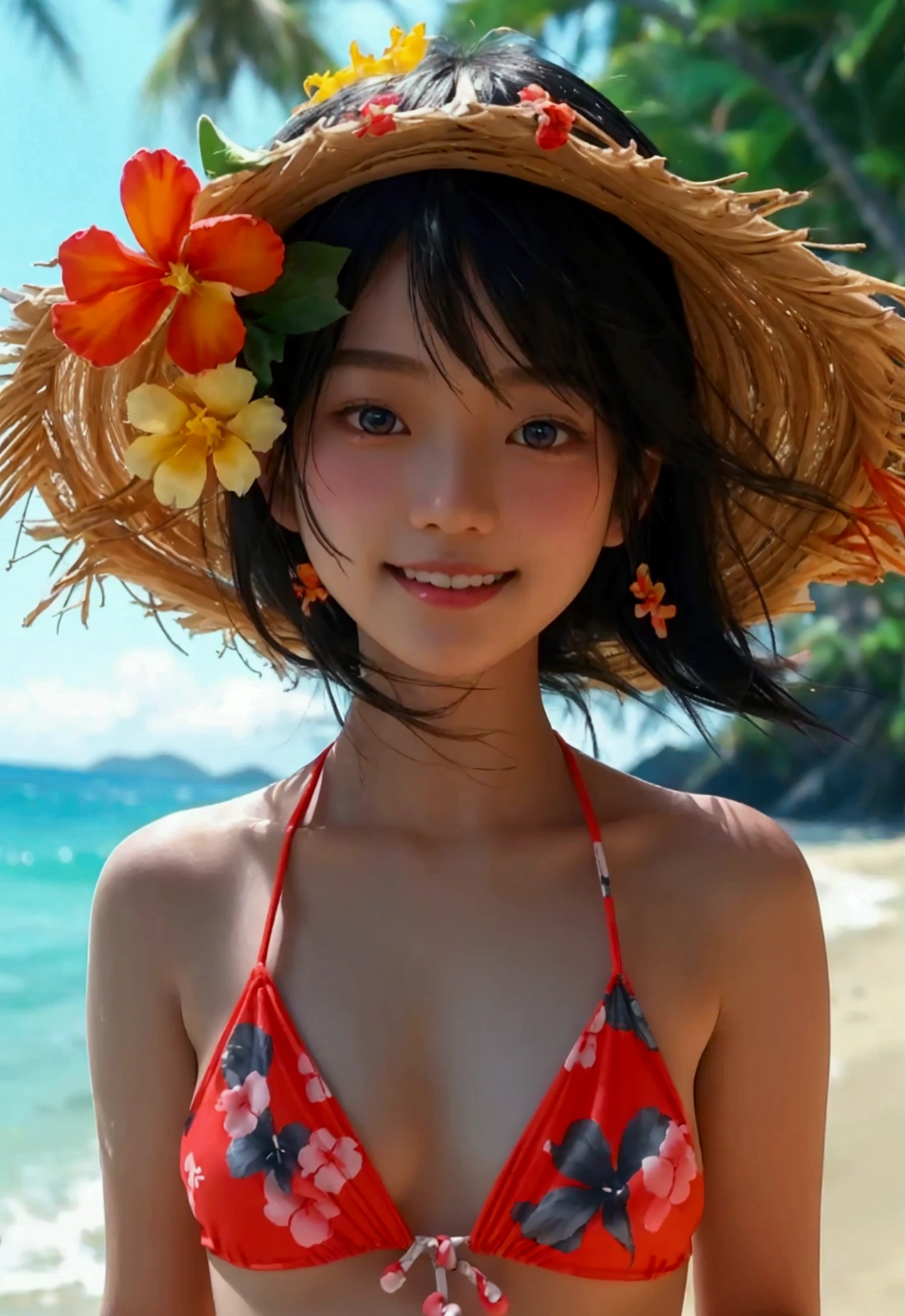 Beautiful, young Japanese teen, black hair, brightly smiling, wearing red floral string bikini, walking on a tropical beach at sunrise, (picture emphasizes her innocence), perfect lighting, (extreme detail), (8k), (wallpaper)