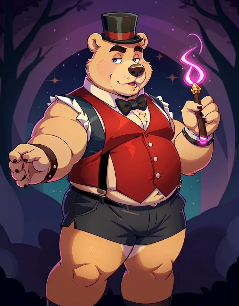 A red chubby male anthropomorphic bear wearing,a vest, short shorts, suspenders, top hat, bowtie and cuffs, holding a magical wand 