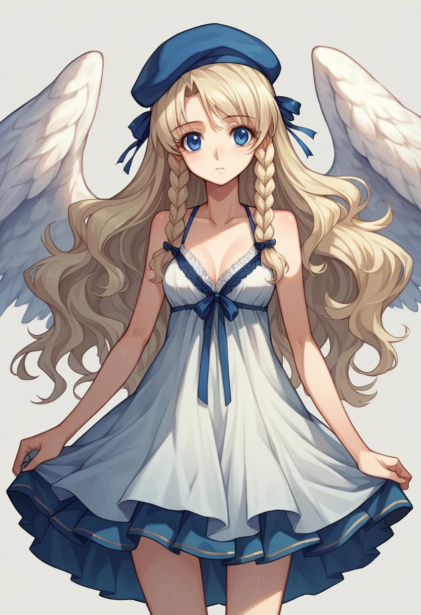 Ultimate Refinement, One Girl、Aloof look、A Pure girl, , plain white dress, Smock Dresses, Military Style, Military ta, Blue accents, Gold Hardware, Short pleated skirt, beret, Blue accents, Babydoll Dress, Long Wavy Hair, Blonde, Platinum Hair, Braid, braided Braid, blue eyes, Innocent, Pure, Angel Girl, 2000s anime style() ( body) (Very thin) (No curve)