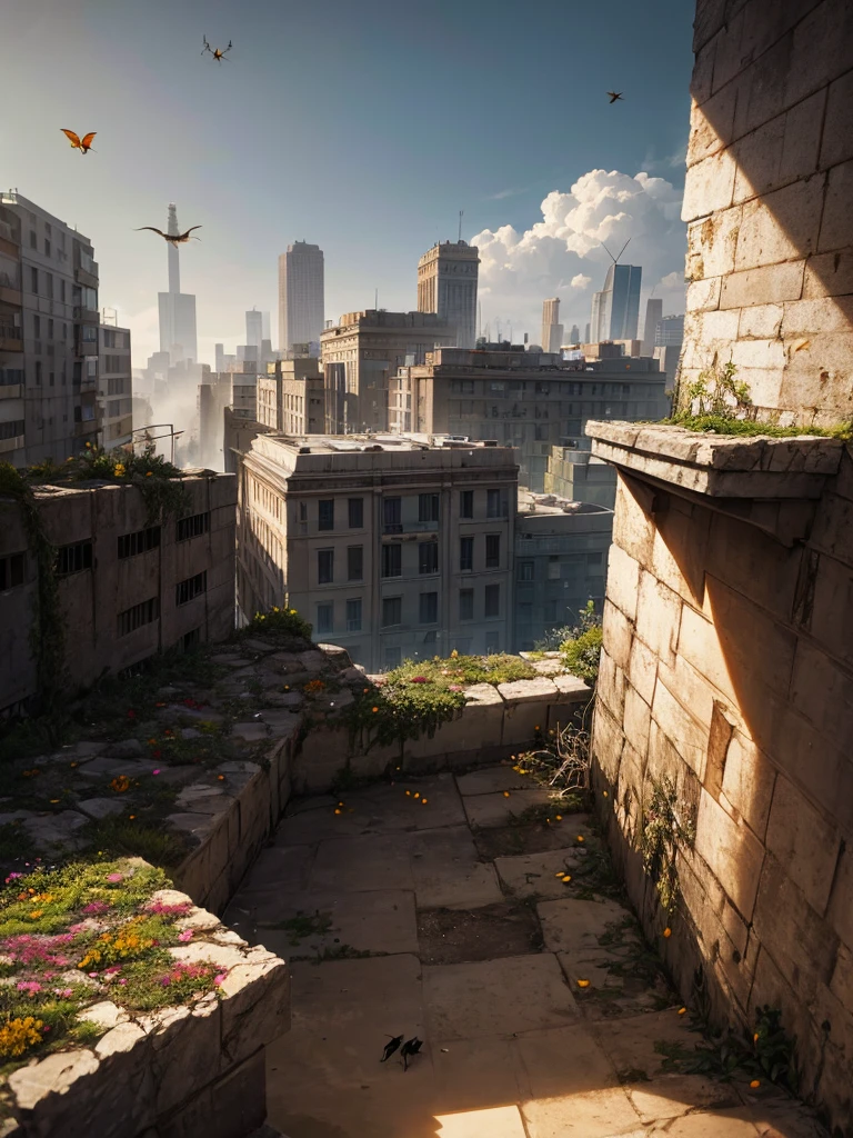 This is a city that was prosperous with large buildings and landscaping on the walls and roofs, but thanks to the disappearance of pollinating insects, nature has died and garbage accumulates since there are no insects to decompose it.. Under a dark gray sky filled with pollution lies a city that has nothing to do with its former glory. (buildings blurred in the background) (buildings are not the protagonists) (still life due to lack of pollinators) (dead and dry plants on the walls) The overall composition is impeccable., surreal art, 8k, the art style is the description of the brutal war scenes., ultrafine details, Medium and long vision, great scene, high perspective, depth, Atmospheric light, oppression, -- 4:3 - 500 stylized