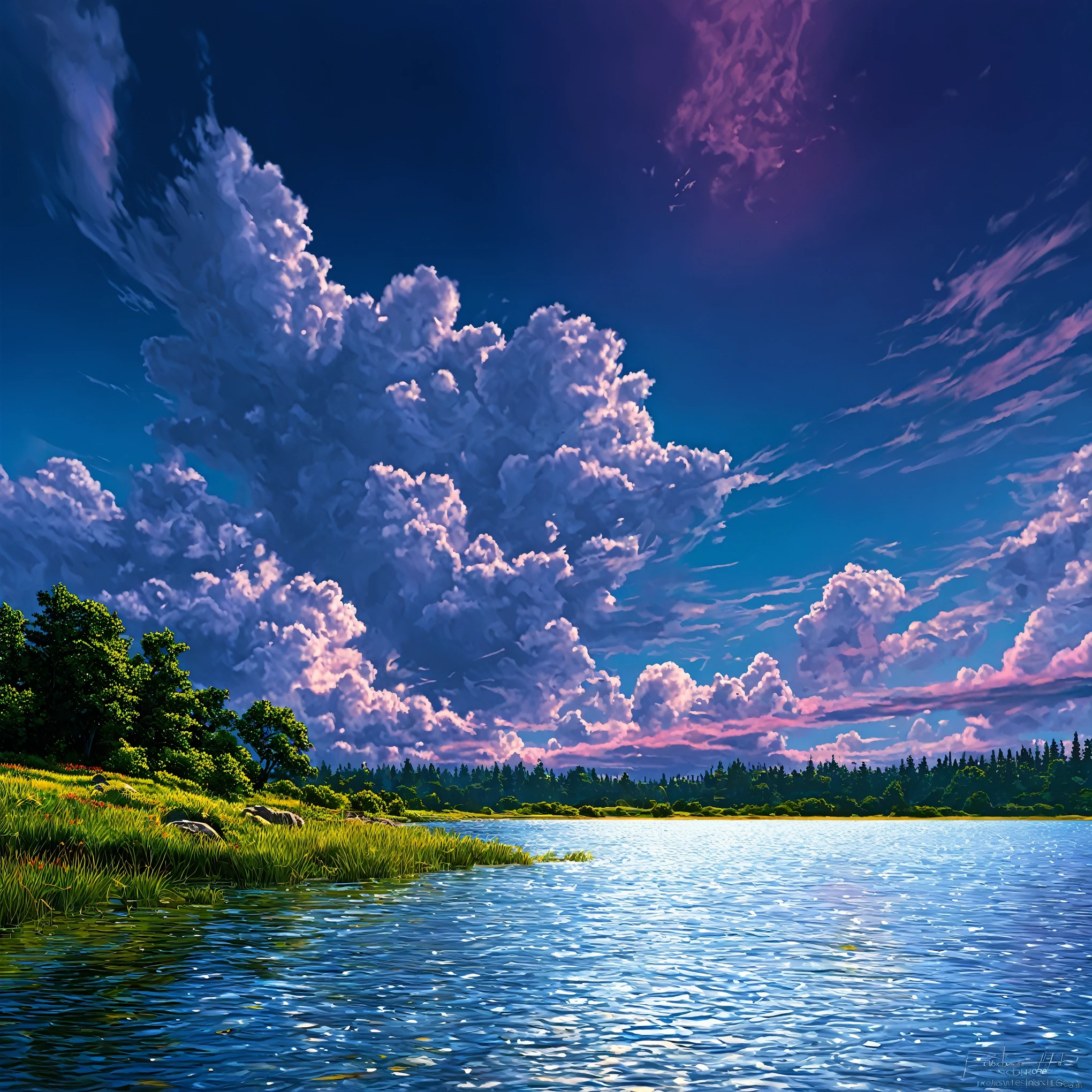 Summer sky (Painterly style), Realistic, highly Realistic, Attention to detail, breathtakingly Realistic, High contrast realism, High Saturation Realism, Vibrant colors, Dramatic lighting, Fascinating landscape, Persuasive storytelling, Atmospheric scene, Captivating visuals, Intricate details, Strong emotions, Heavenly Beauty, A dreamlike world