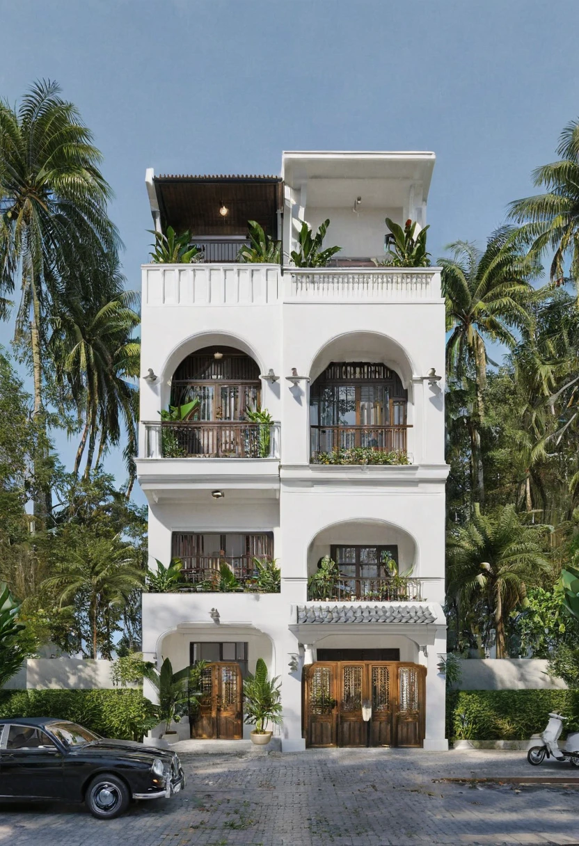 Render a 4-meter-wide, 3-story Indochine-style small townhouse situated in an urban setting. The townhouse features an elegant white facade with traditional Indochine architectural elements, including arched windows, wooden shutters, and decorative railings. The roof is designed with a two-sided slope running from front to back, similar to the style of houses in Hoi An. The exterior walls are adorned with subtle, ornate details that reflect the Indochine style. Incorporate artistic wooden louver panels on the exterior for added visual interest and architectural depth. The ground floor includes a welcoming entrance with classic wooden furniture and traditional lanterns. The street is lined with cobblestone pavement, tropical plants, and urban elements such as street lamps and parked bicycles, creating a harmonious blend of traditional and urban aesthetics. 8k resolution, UHD, high-quality detail, Indochine style, 5-meter-wide facade, 3-story, white exterior, arched windows, wooden shutters, decorative railings, two-sided sloping roof, Hoi An style, classic wooden furniture, traditional lanterns, ornate details, artistic wooden louver panels, urban setting, street view, cobblestone pavement, tropical plants, street lamps, parked bicycles, harmonious blend of traditional and urban aesthetics.
