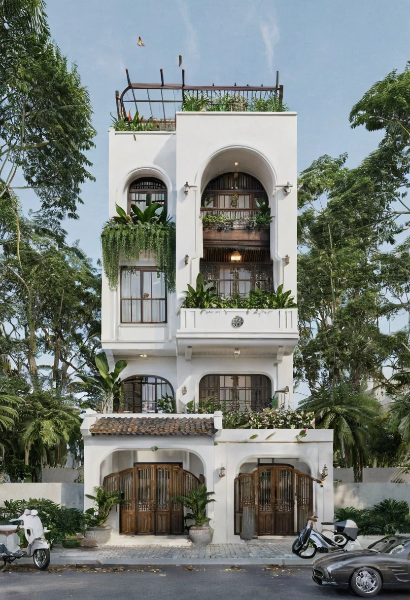 Render a 4-meter-wide, 3-story Indochine-style small townhouse situated in an urban setting. The townhouse features an elegant white facade with traditional Indochine architectural elements, including arched windows, wooden shutters, and decorative railings. The roof is designed with a two-sided slope running from front to back, similar to the style of houses in Hoi An. The exterior walls are adorned with subtle, ornate details that reflect the Indochine style. Incorporate artistic wooden louver panels on the exterior for added visual interest and architectural depth. The ground floor includes a welcoming entrance with classic wooden furniture and traditional lanterns. The street is lined with cobblestone pavement, tropical plants, and urban elements such as street lamps and parked bicycles, creating a harmonious blend of traditional and urban aesthetics. 8k resolution, UHD, high-quality detail, Indochine style, 5-meter-wide facade, 3-story, white exterior, arched windows, wooden shutters, decorative railings, two-sided sloping roof, Hoi An style, classic wooden furniture, traditional lanterns, ornate details, artistic wooden louver panels, urban setting, street view, cobblestone pavement, tropical plants, street lamps, parked bicycles, harmonious blend of traditional and urban aesthetics.
