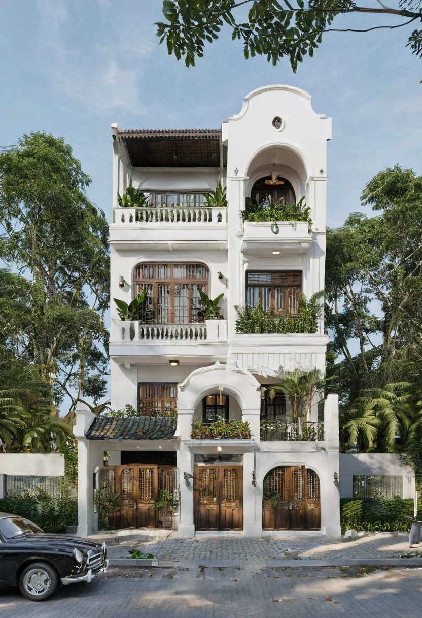 Render a 4-meter-wide, 3-story Indochine-style small townhouse situated in an urban setting. The townhouse features an elegant white facade with traditional Indochine architectural elements, including arched windows, wooden shutters, and decorative railings. The roof is designed with a two-sided slope running from front to back, similar to the style of houses in Hoi An. The exterior walls are adorned with subtle, ornate details that reflect the Indochine style. Incorporate artistic wooden louver panels on the exterior for added visual interest and architectural depth. The ground floor includes a welcoming entrance with classic wooden furniture and traditional lanterns. The street is lined with cobblestone pavement, tropical plants, and urban elements such as street lamps and parked bicycles, creating a harmonious blend of traditional and urban aesthetics. 8k resolution, UHD, high-quality detail, Indochine style, 5-meter-wide facade, 3-story, white exterior, arched windows, wooden shutters, decorative railings, two-sided sloping roof, Hoi An style, classic wooden furniture, traditional lanterns, ornate details, artistic wooden louver panels, urban setting, street view, cobblestone pavement, tropical plants, street lamps, parked bicycles, harmonious blend of traditional and urban aesthetics.
