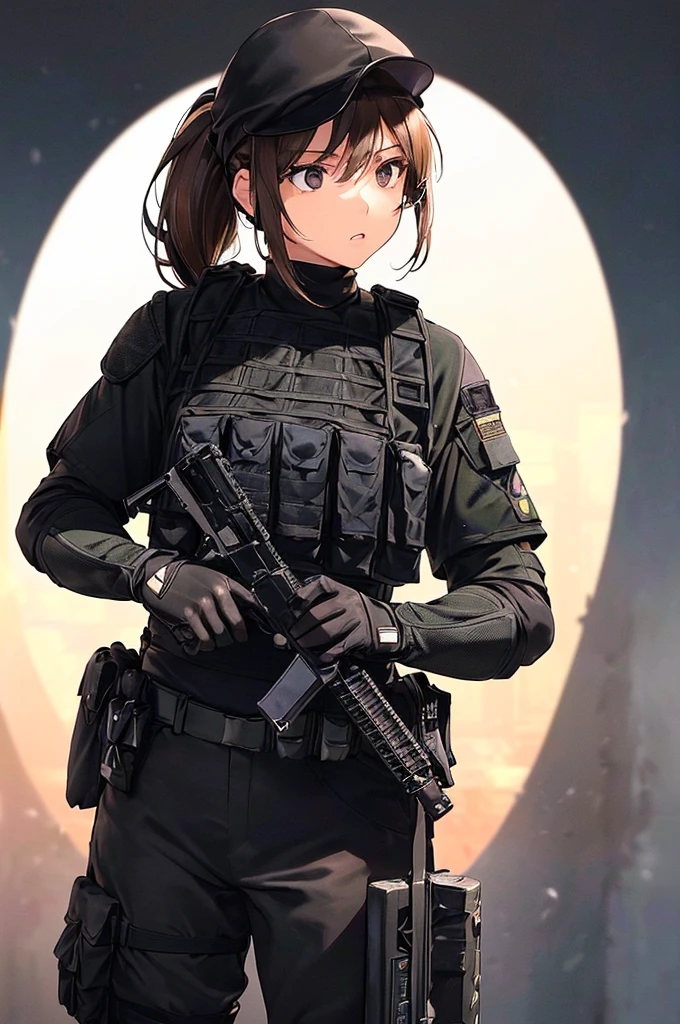 (((masterpiece; best quality: 1.2))), (finely detailed eyes: 1.3), (25 year old woman), (solo), (black eyes: 1.4), (body; toned, fit, soldier: 1.3), (silky brown hair + ponytail: 1.3), (beautiful and clear background: 1.2), ((depth of field)), (equipment: spec ops full black tactical combat-ready gear + kevlar vest + black tactical shirt + black tactical cargo pants + black gloves + black baseball cap + pouches: 1.3), (anime illustration: 1.2), (background composition; military base office: 1.1), (extremely fine and beautiful: 1.1), (shot composition; standing + centered on torso + close-up: 1.5), (expression; calm, stoic: 1.2)
