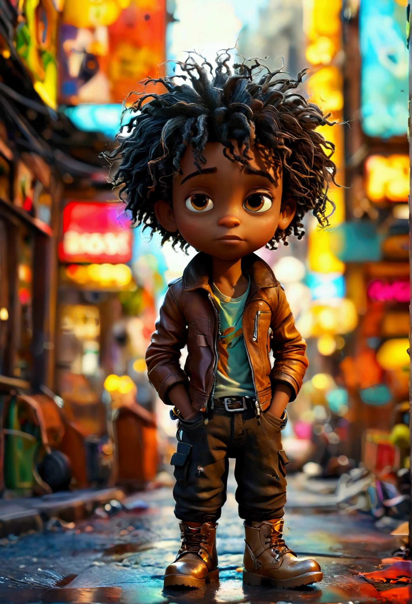 (((A black boy))), (Disheveled Hair), ((Wearing thick pants and a leather jacket)), (Beige travel boots), (On the street), (Bright colors), (In the bar), Post-apocalyptic city, (Pixar Style)++, Jean=Baptiste Monge, --2 pieces included:3 --testp;