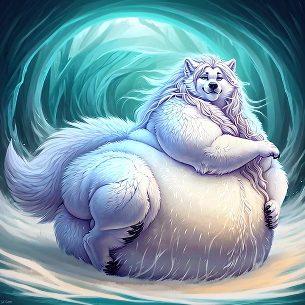 A morbidly obese Arctic wolf, gorgeous, beautiful, claws, long messy hair ,  ,fat arms, fat legs,fullbody,huge belly ,huge thighs,