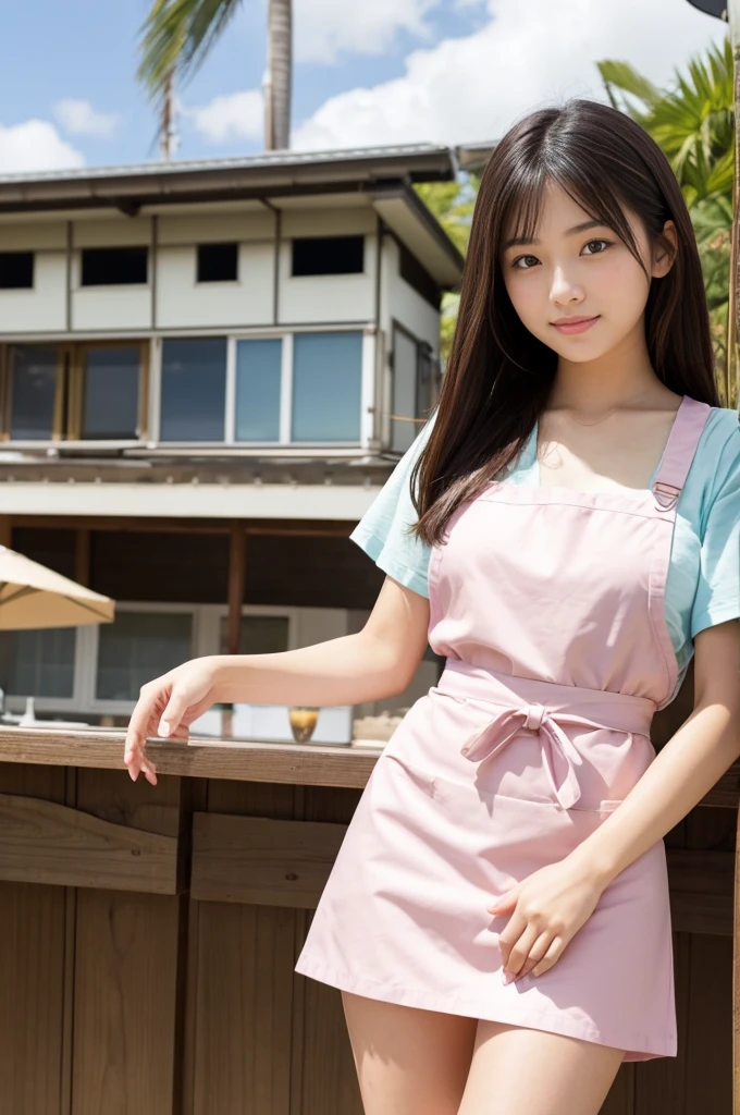 Pretty 21 year old woman（Japanese face）Wearing an apron and a miniskirt、Being at the beach house