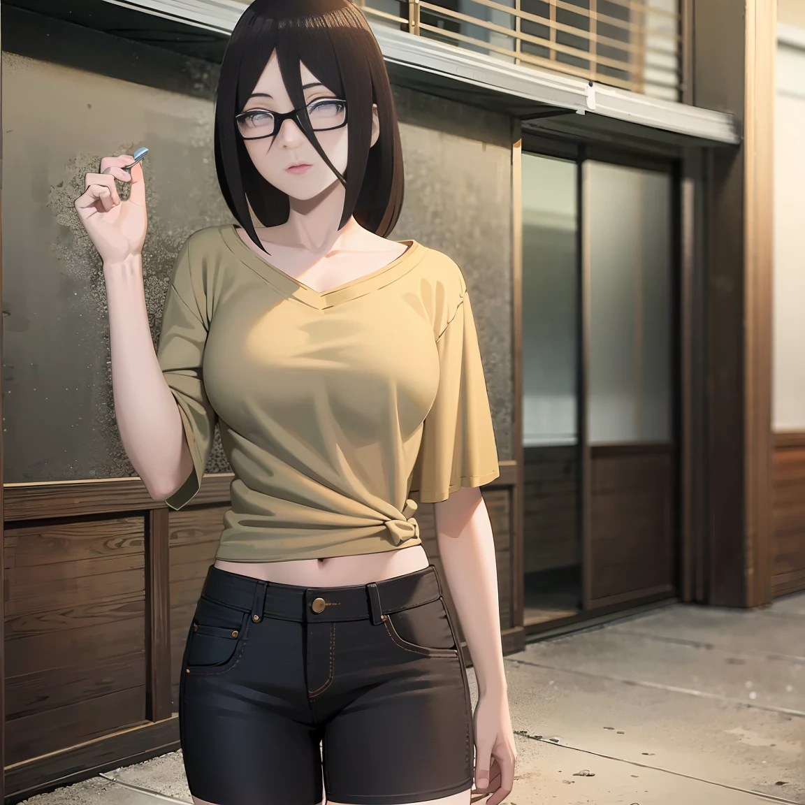 masterpiece, Very detailed, best quality, Ultra-high resolution, 1 Girl, Solitary, (completion), (small breast), breast, (Oversized shirts,Open neckline,Black half-rimmed glasses ), (Hyuga Hanabi:1), (shorts | Pants | mini skirt), cleveage, From the front