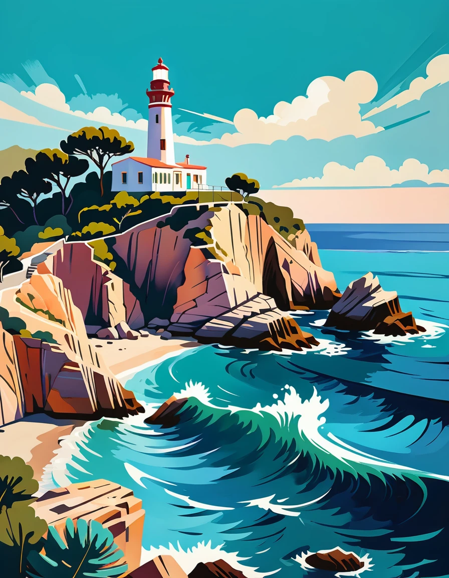 a thick textured oil painting, impasto brushstrokes, dry brushing,revealing underlayers, breathtaking composition, Create an art deco inspired illustration of A scenic lighthouse perched on a rocky coastline, overlooking the turquoise waters of Cala Ratjada. Include vibrant pastel colors, sleek lines, and a retro summer atmosphere. The style should be reminiscent of vintage travel posters with a modern twist,  breathtaking composition, wall art decor