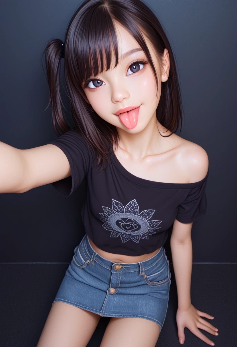pastel colors t-shirt,off-shoulder look,bare shoulder,ollarbone,midriff peek,Tight denim mini skirt,open mouth,(tongue out:2),kneeling,arms at sides,(overhead shot:2),front view,(face focus:1.5),(1girl,Beautiful 14 year old girl),((Slender,Small breasts,Small face,)),(looking at viewer),Black Hair,bangs,one side up,Beautiful and detailed,(Dimly lit room:1.5),Simple black background,Low lighting,Mischievous smile