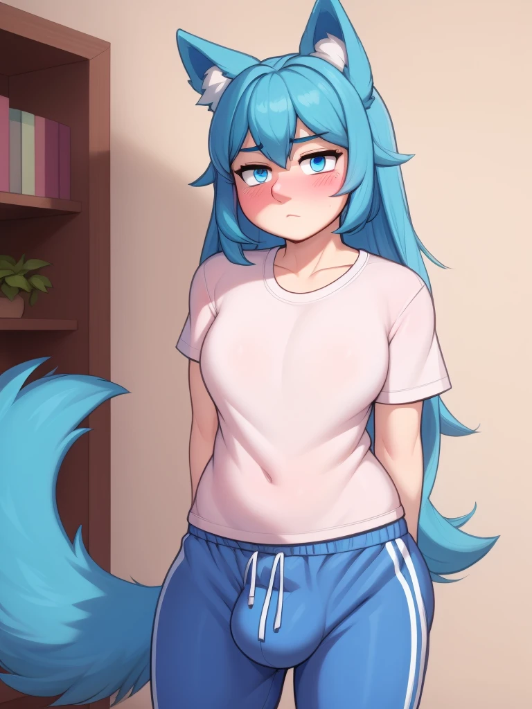 (Masterpiece) (High Detail) (High Res) A short little slim humanoid girl with pale human skin and blue eyes and long blue hair and blue dog ears and a fluffy blue dog tail and average breasts. She is dressed in a white t-shirt and grey baggy joggers that show the outline of her large cock and balls. Crotch bulge. Cock outline down leg. She has blushing cheeks and looks nervous. She has blushing cheeks and looks annoyed. Arms folded.