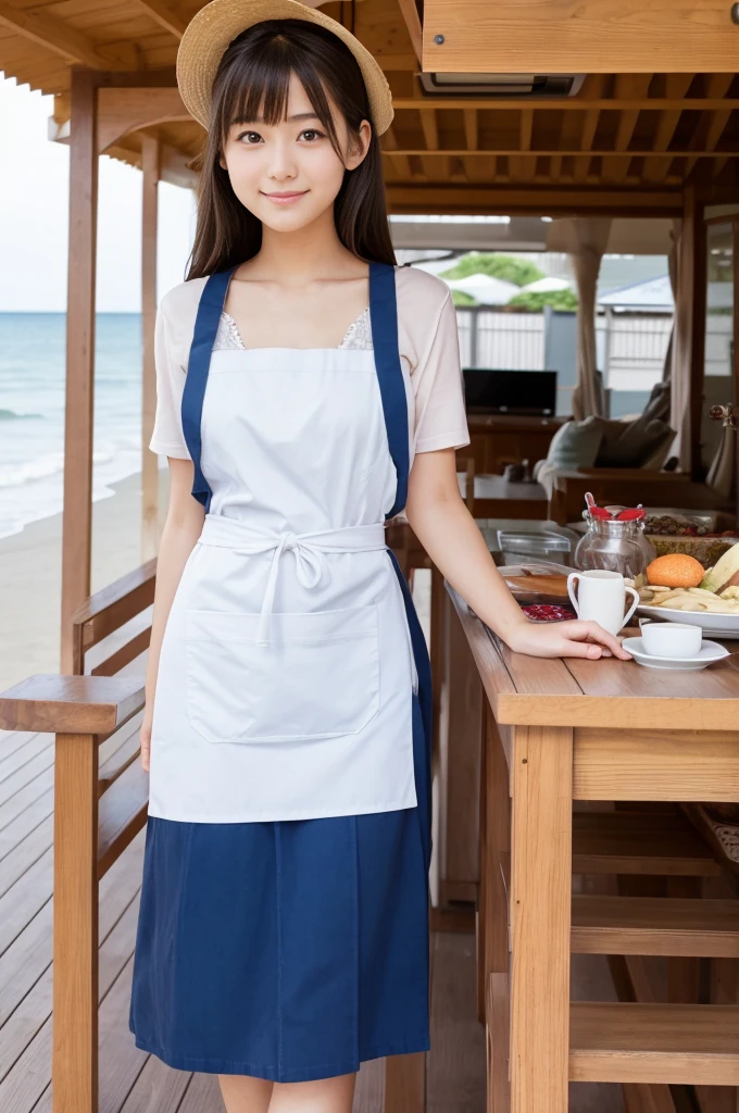 Pretty 21 year old woman（Japanese face）Wearing an apron and a miniskirt、Being at the beach house