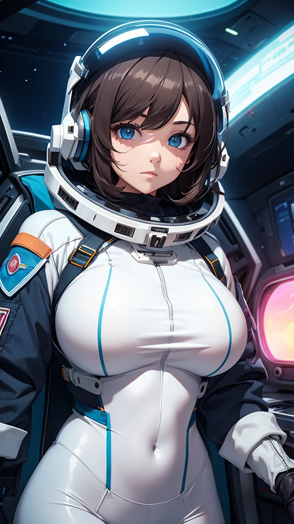 Girl with huge breasts in a small astronaut suit with neon lights with a helmet in space 