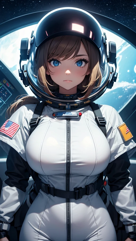 Girl with huge breasts in a small astronaut suit with neon lights with a helmet in space