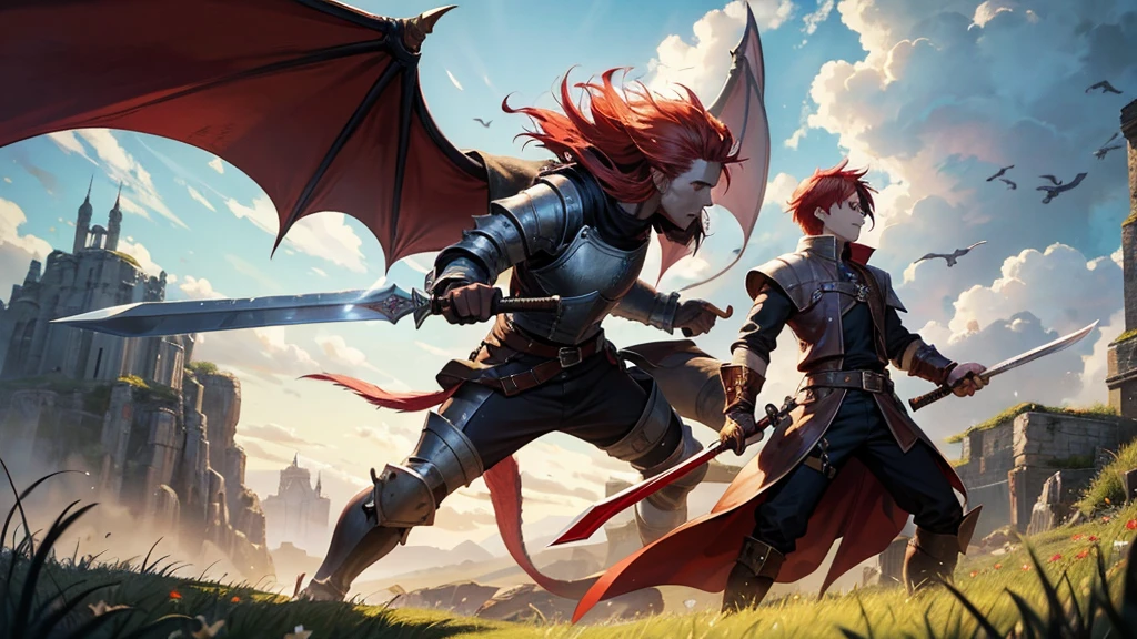 Dragon Slayer A young man with red hair holding a sword knight Fantasy grassland