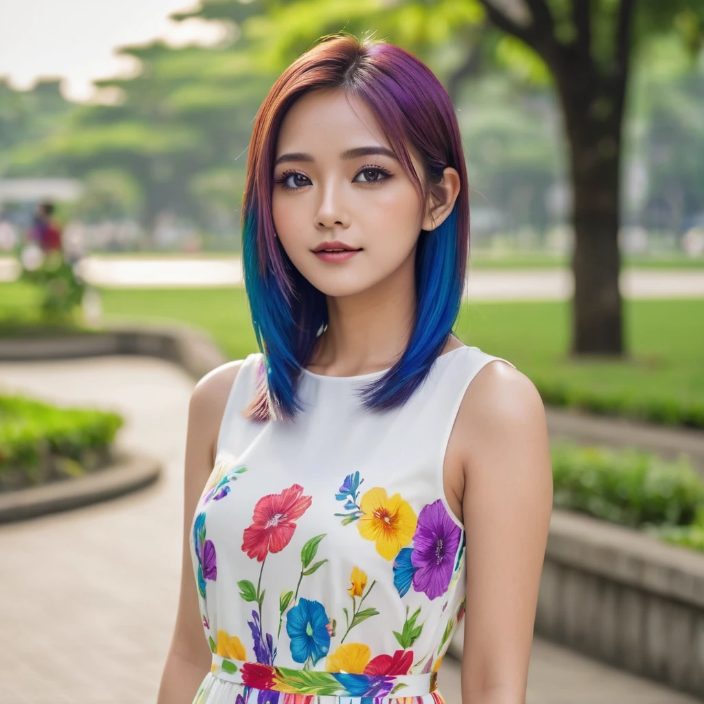 a young indonesian woman, sleek and straight hair. she have a layered haircut, bright rainbow hair with bright yellow, shocking pink, electric blue, neon green, vibrant purple, bright silver, bright orange, and flaming red haircolor. she wears a white dress. she wears a flower pattern dress, at the park. Elegant pose, slight smile. Cute lips, brown eyes, detailed face.