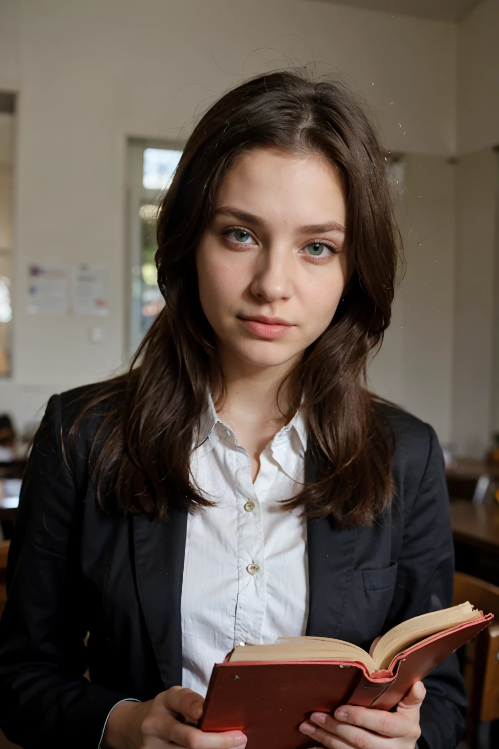 1 sexy girl, green eyes, in a university in Russia uniform, reading the bible and looking into the camera, background is a university in Russia