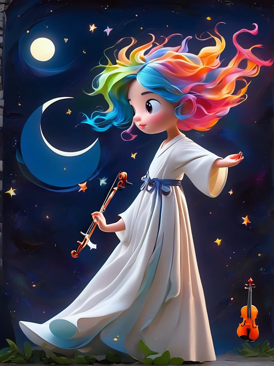 A cartoon doodle character，Vector illustration，1girl, solo, Has brightly colored hair，Girl dancing gracefully in white robe，In a surreal and dreamy sky，She stood on a crescent moon，Keeping balance while playing the violin，Rendering composition showing melting elements，The elements appear to drip and deform smoothly.。Using a digital style should capture the scene，As seen through long exposure techniques，Create a sense of continuous movement and change，The scene is mysterious and ethereal，The soft moonlight fills the surroundings，Rendered with soft brushstrokes，Exude a sense of whimsy and enchantment in this moonlight fantasy, Anatomically correct, Textured Skin, Standing in front of a graffiti style background，Adds whimsy to the scene, 1xhsn1