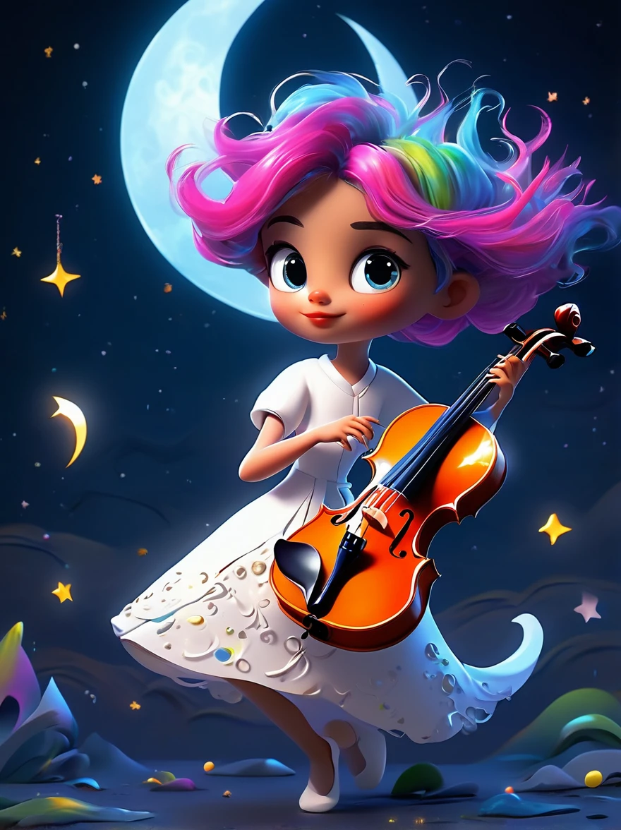 A cartoon doodle character，Vector illustration，1girl, solo, Has brightly colored hair，Girl dancing gracefully in white robe，In a surreal and dreamy sky，She stood on a crescent moon，Keeping balance while playing the violin，Rendering composition showing melting elements，The elements appear to drip and deform smoothly.。Using a digital style should capture the scene，As seen through long exposure techniques，Create a sense of continuous movement and change，The scene is mysterious and ethereal，The soft moonlight fills the surroundings，Rendered with soft brushstrokes，Exude a sense of whimsy and enchantment in this moonlight fantasy, Anatomically correct, Textured Skin, Standing in front of a graffiti style background，Adds whimsy to the scene, 1xhsn1