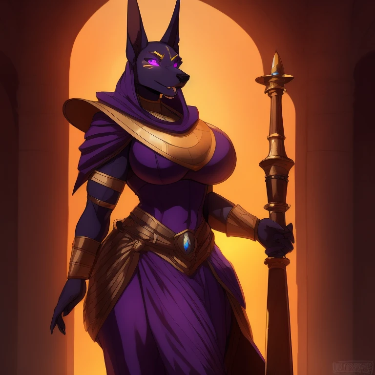 Very_muscular_mature_doberman female dark_brown_two-tone_furry_body, hypnotized with glowing purple eyes, tongue out, tribal clothes, yellow_tabard, mace misty_breath solo Masterpiece best_quality absurdres highly_detailed cleanly_drawn_eyes anthro_only large_breasts by_claweddrip, by_greasymojo, by_underscore-b, by_runawaystride