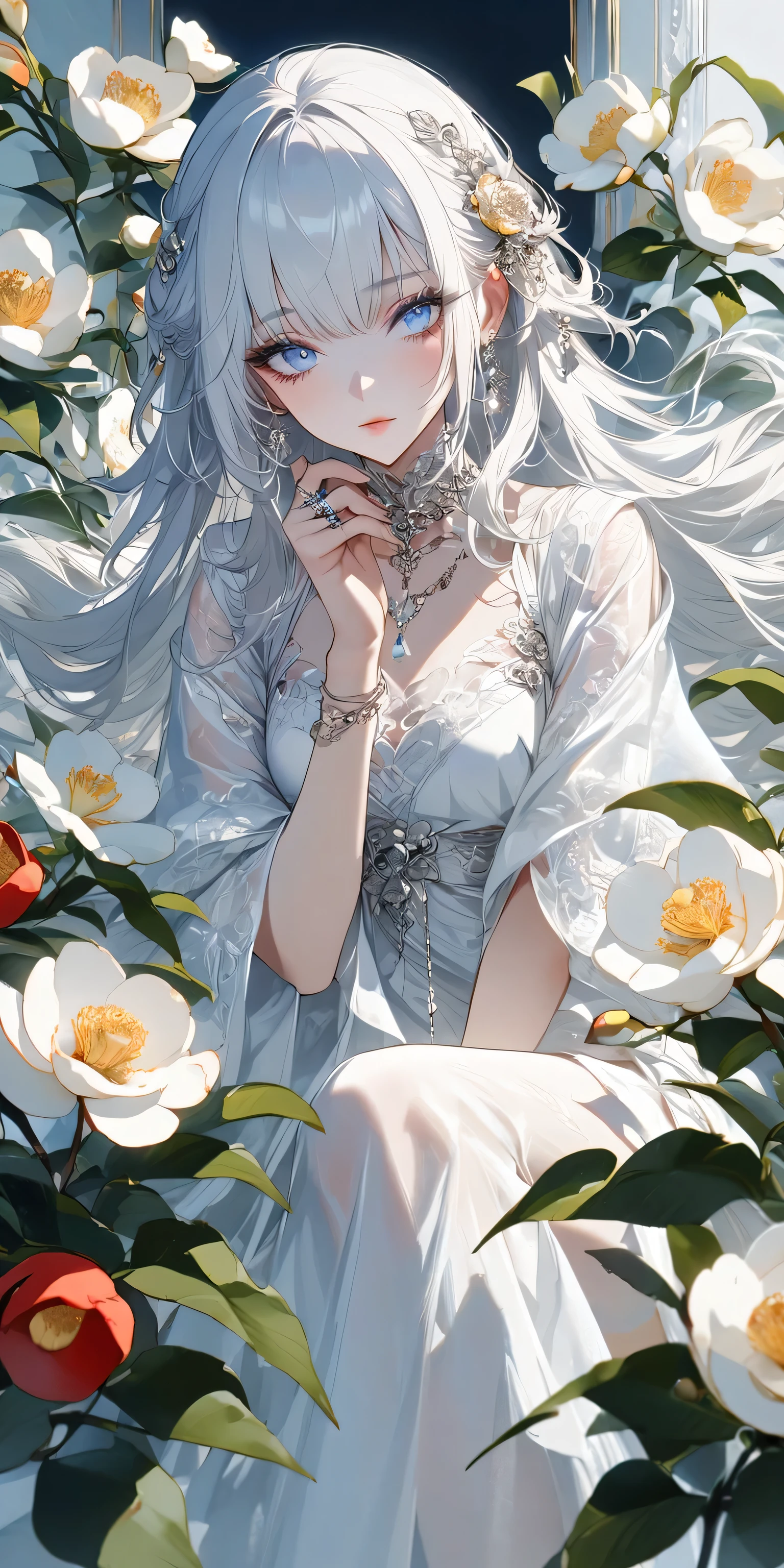 1girl, solo, alone, blue eyes, long hair, white hair, white dress, flower, camellia, jewelry,  nail polish, ring, hair ornament, flower ornaments, white nails, White hell, masterpiece, best quality, 