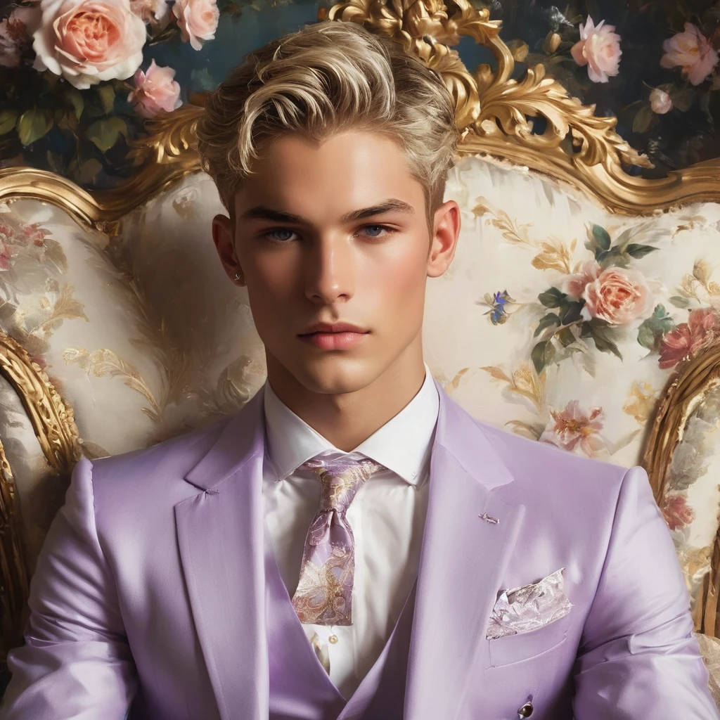 Candid Vogue fashion editorial shot of mixed male supermodel, 23 year old, short platinum silver hair, masculine appearance with slender physique, symmetric face, natural olive skin tone, exudes youthfulness and athleticism, he is very photogenic, laying against an ornate dark purple background featuring a floral painting setting to add depth and richness to the scene, ((Depict Lucifer as a charismatic and sophisticated figure)), He is a striking presence with an air of mystery and intelligence. wears a well-fitted, light purple robe over a white shirt, His demeanor is confident and charming, with a subtle hint of his divine origins in his calm and intense gaze. dynamic angle, Capture (full-body short), dynamic angle, Bird's eye view using a Canon EOS R7 and Sigma AF 85mm F1.4 EX DG HSM lens by Thomas Synnamon, evoke the soft ethereal quality of the Renaissance style, raw photo, ((masterpiece)), (best quality), High Resolution, (ultra_realistic), photorealistic, ((Pay attention to the layer and arrangement of body parts and surrounding objects)), ((Pay attention to the body composition)), ((Correct body structure)), ((Correct photo distance)), romantic atmosphere, lively extremely Gorgeous background), Lucifer rose, 