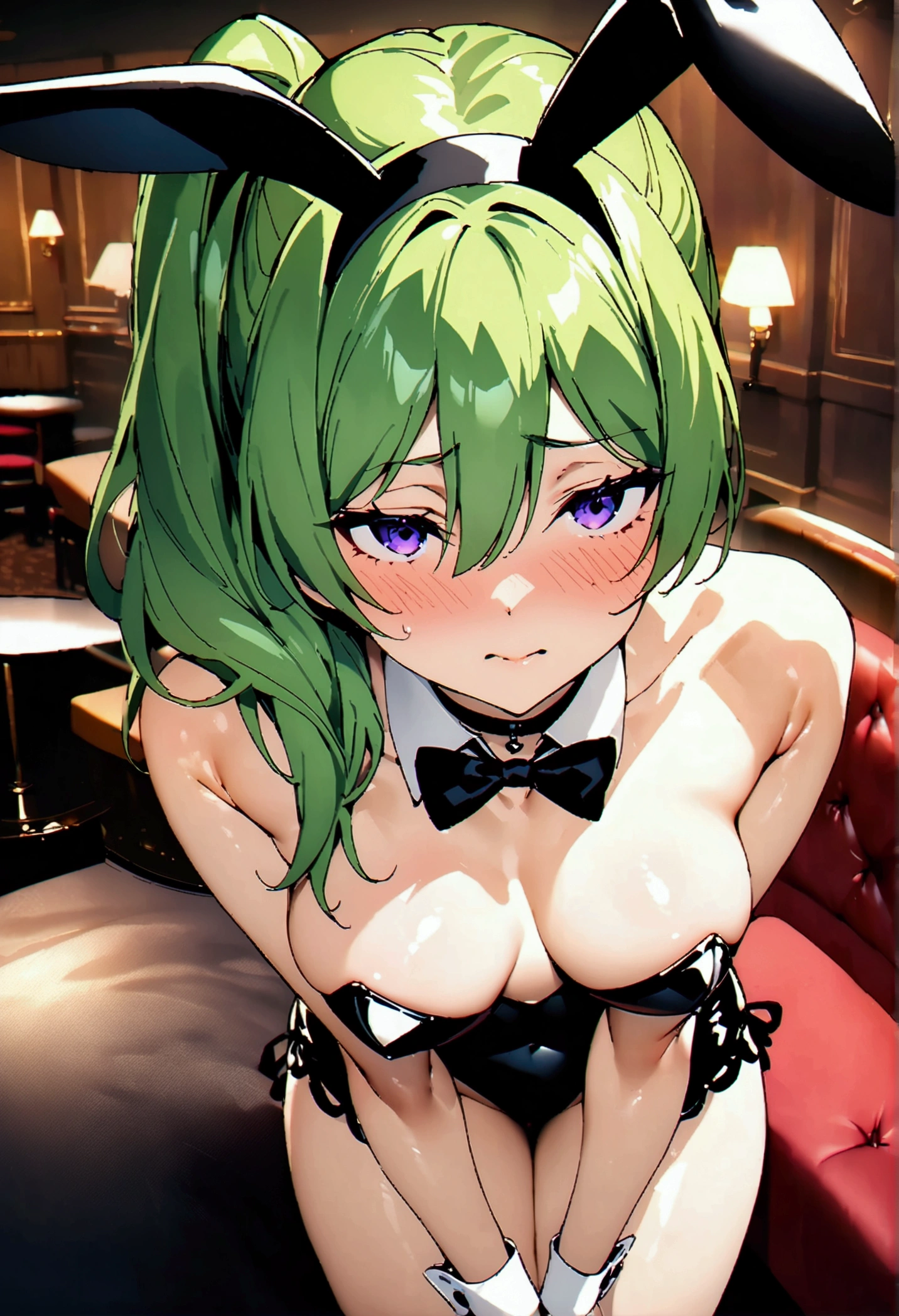 NSFW,masterpiece,Highest quality,High resolution,Super detailed,Uber\(Funeral of Frieren\),Green Hair、bangs、Hair between the eyes、Side Ponytail、Purple Eyes、choker、Playboy Bunny,clavicle,Embarrassed,blush,Luxurious Room,pub,Private room,sofa,heart,Sexy pose